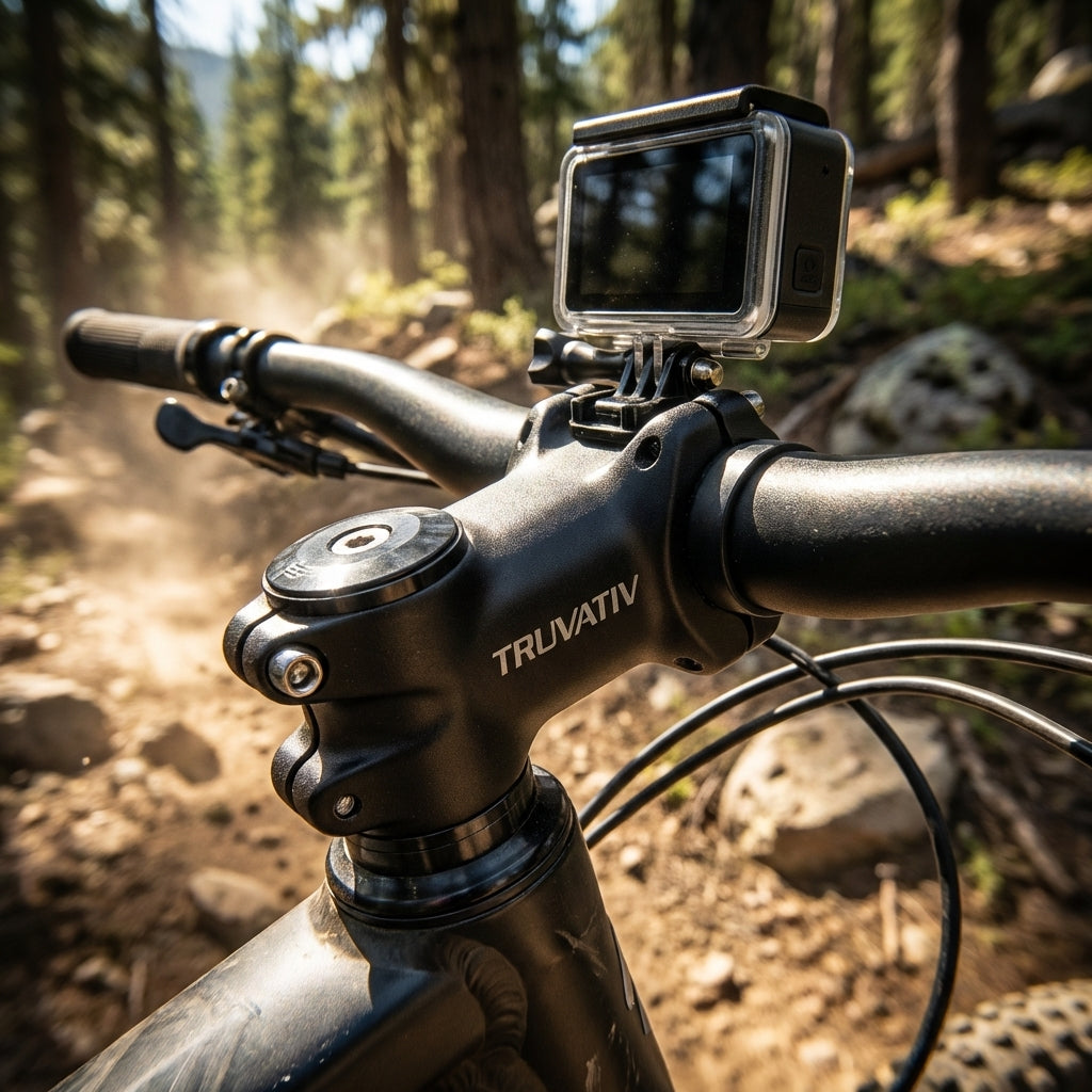 Truvativ Atmos 7K A-Head-Vorbau am Mountainbike-Lenker auf Waldweg mit GoPro-Kamera.