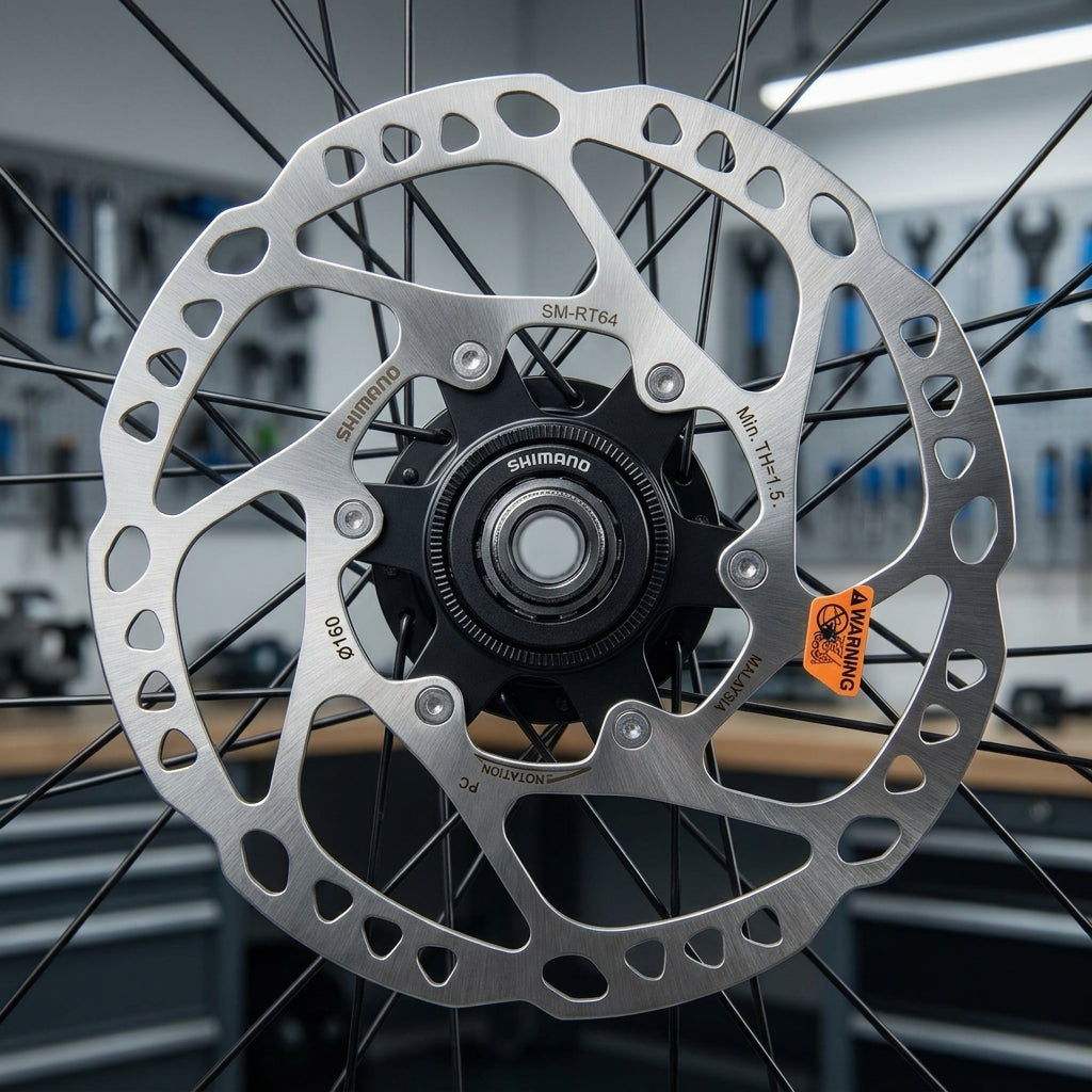 SHIMANO SM-RT64 Bremsscheibe 160mm mit Magnetverschlussring für EW-SS302 am Fahrradrad.