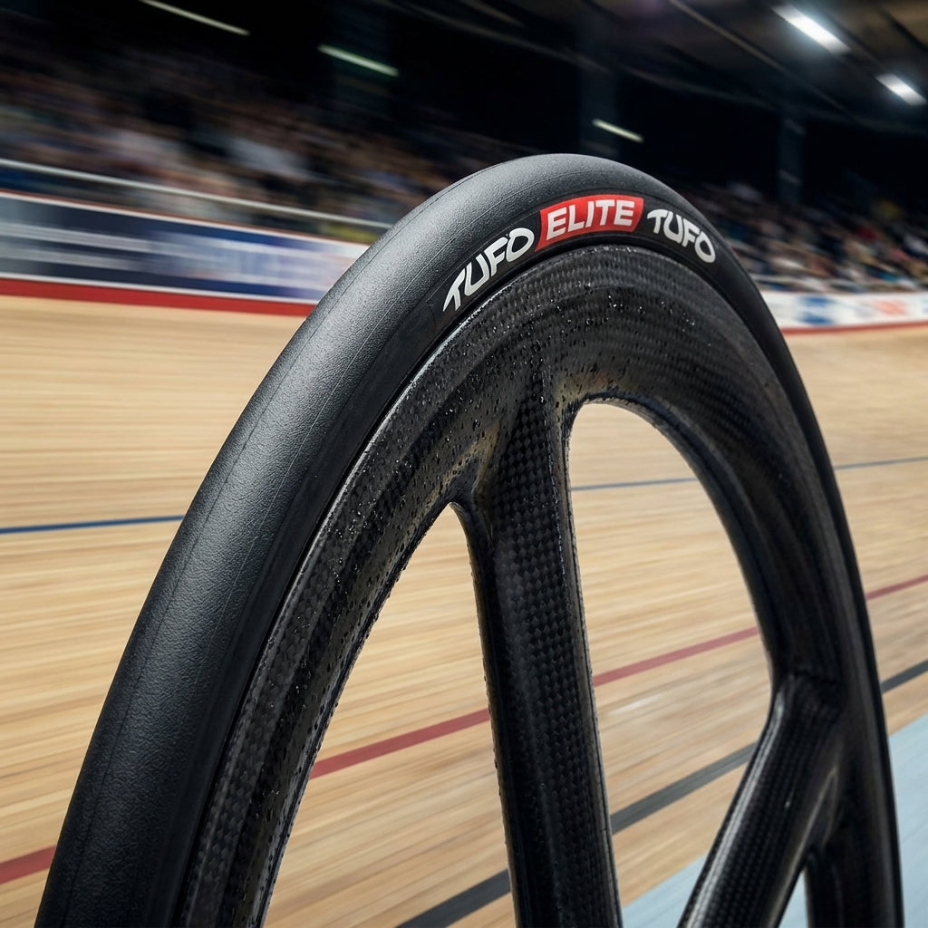 Tufo Elite Schlauchreifen 28x0.75 Zoll, schwarz, auf Carbonlaufrad im Velodrom.