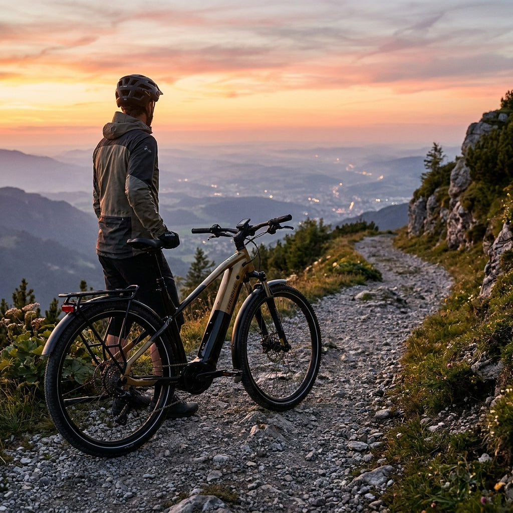 Haibike TREKKING 7.5 HIGH E-Bike in Schwarz/Gold auf Bergpfad mit Radfahrer bei Sonnenuntergang und Panoramablick.