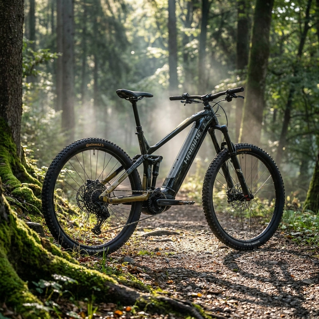 Haibike ALLTRAIL 10.5 E-Mountainbike, schwarz-gold-grau, vollgefedert, auf einem sonnigen Waldweg.