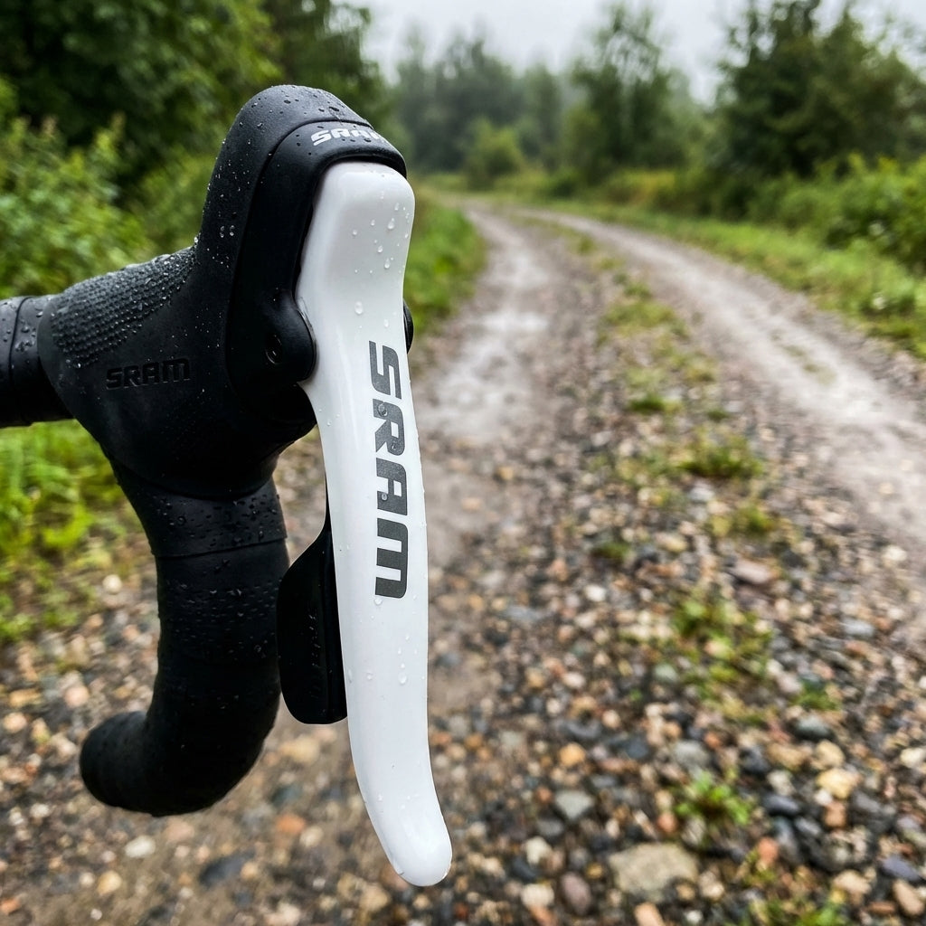 SRAM Double Tap Bremshebel-Überzug weiß, nass auf Fahrradlenker, Schotterweg im Hintergrund.