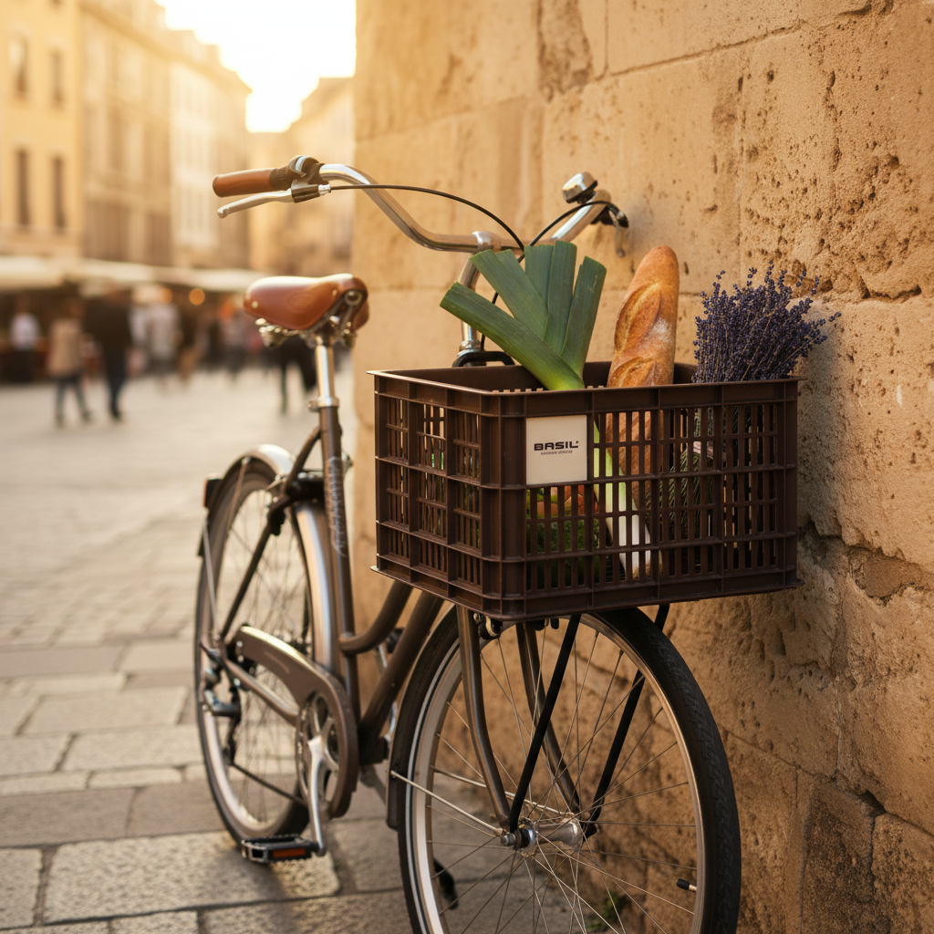 Basil Fahrradkasten Crate M braun auf Fahrrad, gefüllt mit Lauch, Baguette und Lavendel.