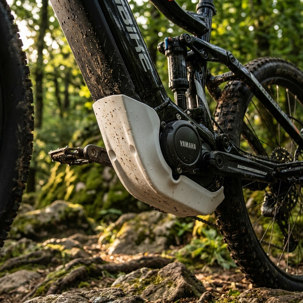 Yamaha PW-X GC HB-S05 weiße matte Motorschutzplatte am E-Bike auf felsigem Waldweg schützt den Motor.