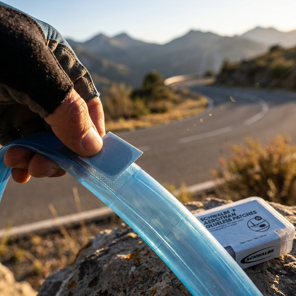 Hand klebt Schwalbe Glueless Flicken auf Fahrradschlauch. Schnelle selbstklebende Reparatur für unterwegs.