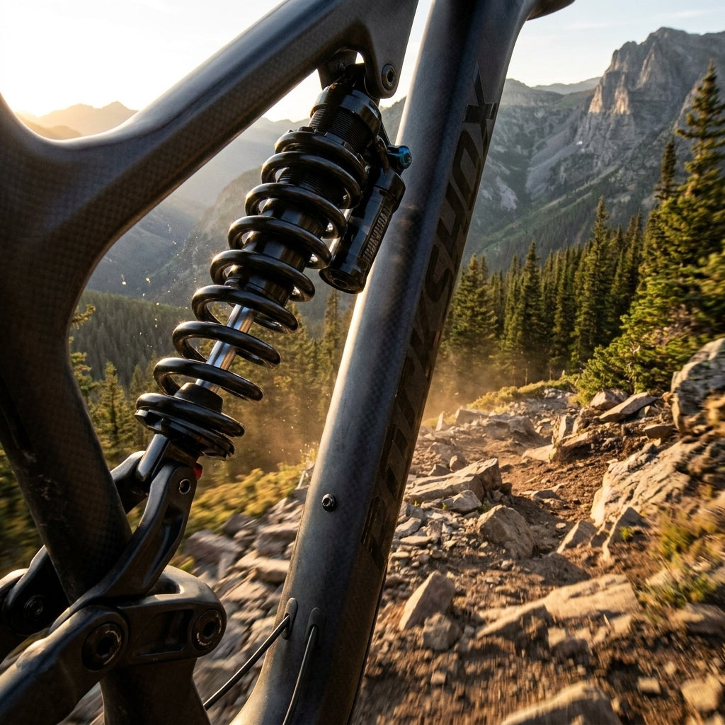 Mountainbike mit Rockshox Metric Coil Feder auf felsigem Trail in den Bergen bei goldenem Sonnenlicht.