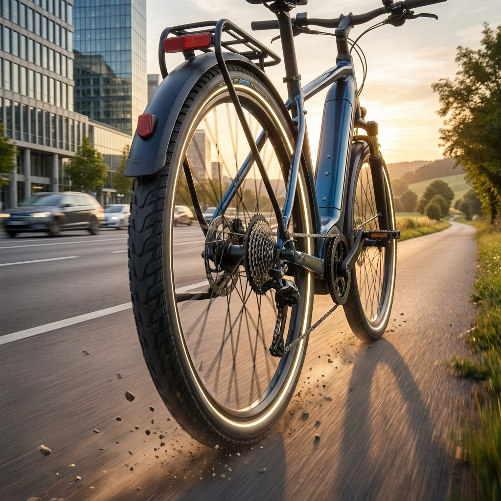 Schwalbe Energizer Plus Tour E-Bike Reifen 28x1.75 Reflex schwarz am Fahrrad auf Straße.