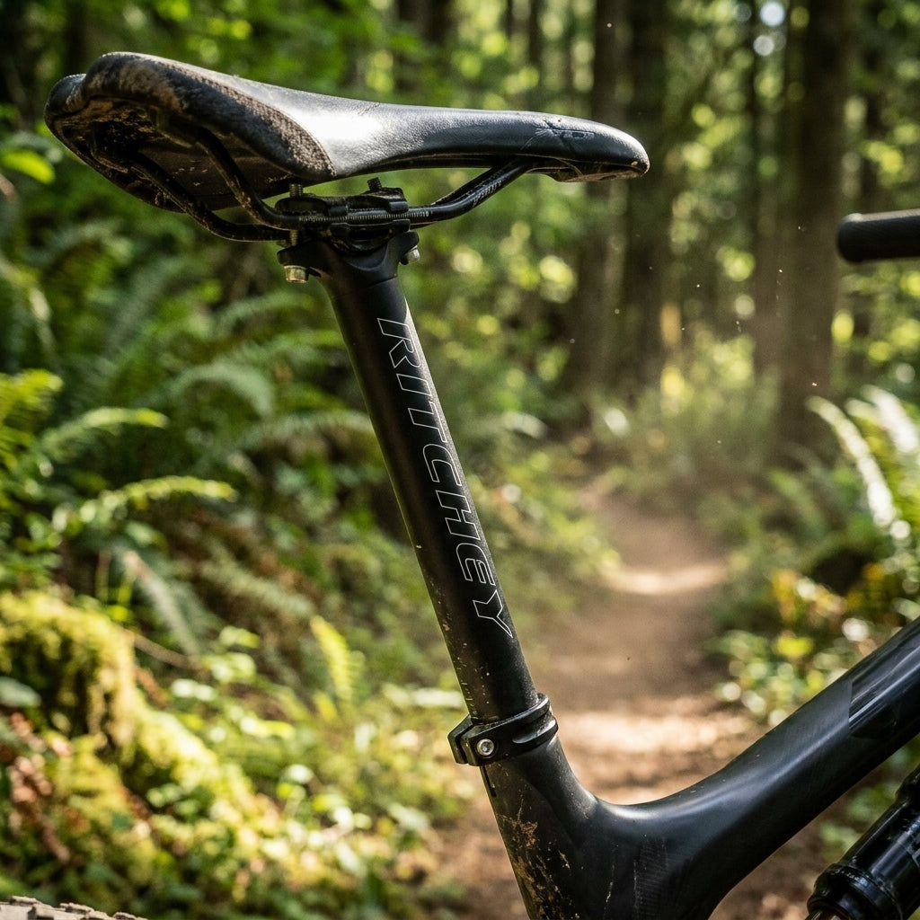 Ritchey Comp Trail 2-bolt Stütze 30.9mm schwarz am Mountainbike auf Waldweg.