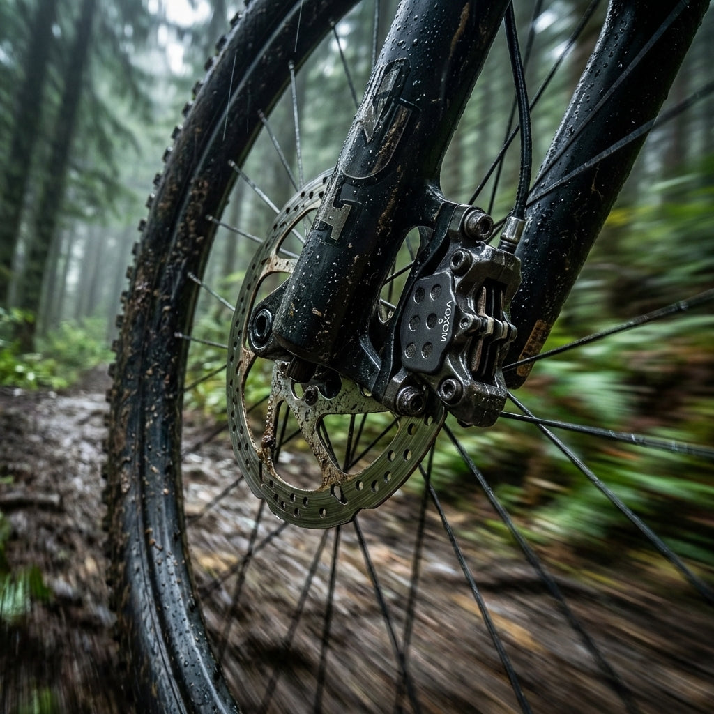 Voxom Scheibenbremse an schlammigem Mountainbike auf Waldweg in Bewegung.