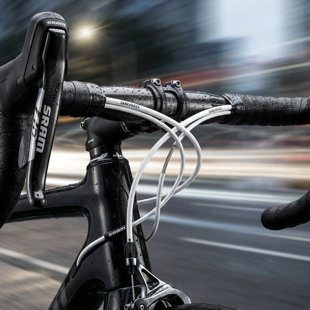 Weißes SRAM SlickWire Pro Schalt-/Bremskabel-Kit am Rennrad für präzise Schalt- und Bremsperformance.