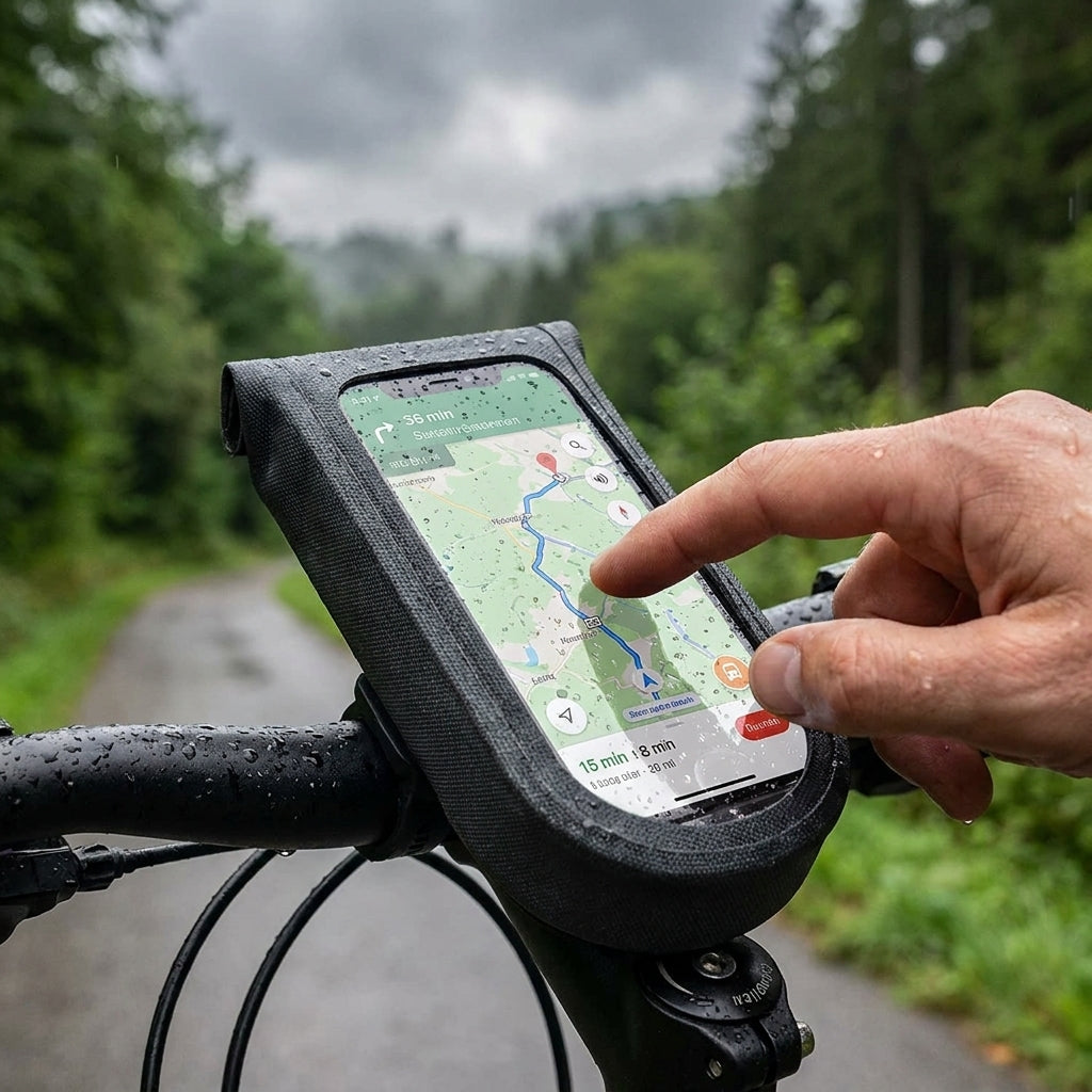 KLICKfix Phone Bag Tour S am Fahrradlenker mit Smartphone-Navigation im Regen. Nasse Hand bedient Karte auf Waldweg.