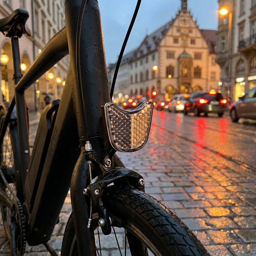 LITEMOVE StVZO-K Retro Frontreflektor am E-Bike, auf nasser Stadtstraße mit Kopfsteinpflaster und Lichtern.