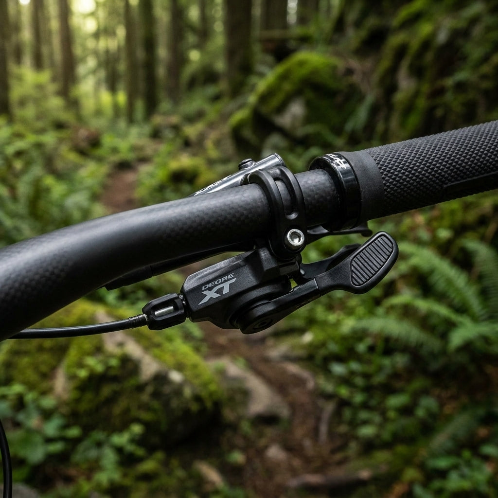 SHIMANO DEORE XT SL-M8100 Links I-Spec EV 2-fach Schalthebel auf Carbon-Mountainbike-Lenker im Wald.