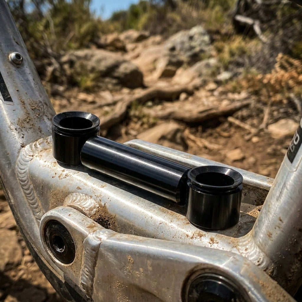 RockShox 3-teilige Dämpferbefestigung Hardware 1/2" 8x40.0 auf schmutzigem Mountainbike-Rahmen.