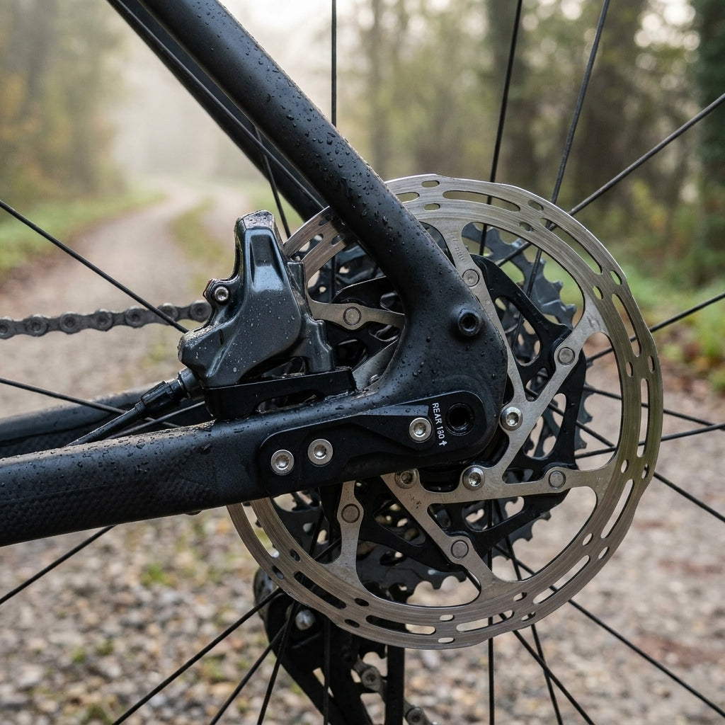 SRAM Scheibenbremsadapter Flat Mount 20F hinten 160mm am Hinterrad eines Mountainbikes auf nassem Waldweg.