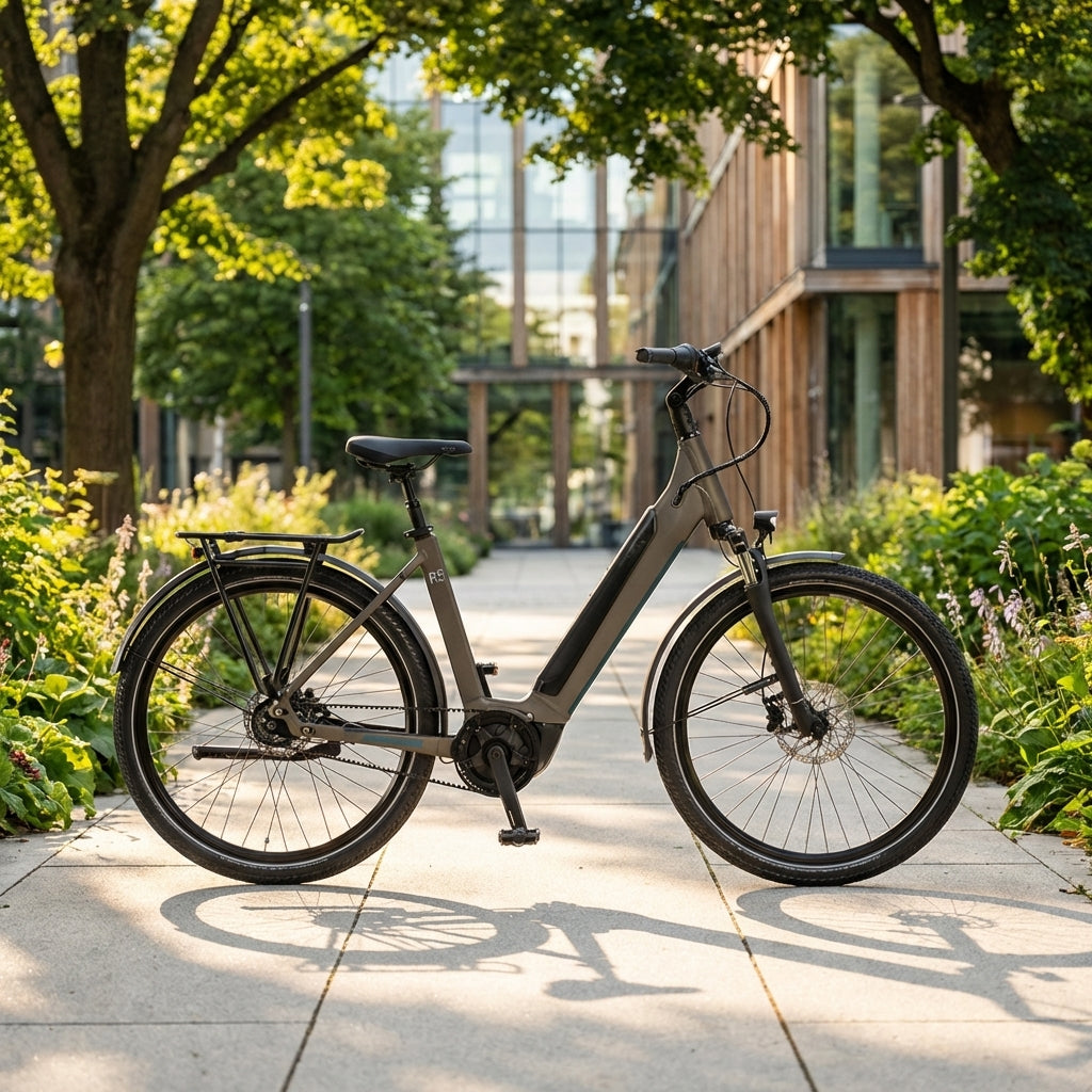 Winora Sinus R5f Wave E-Bike in Peat auf sonnigem urbanen Weg vor Gebäuden und Bäumen.