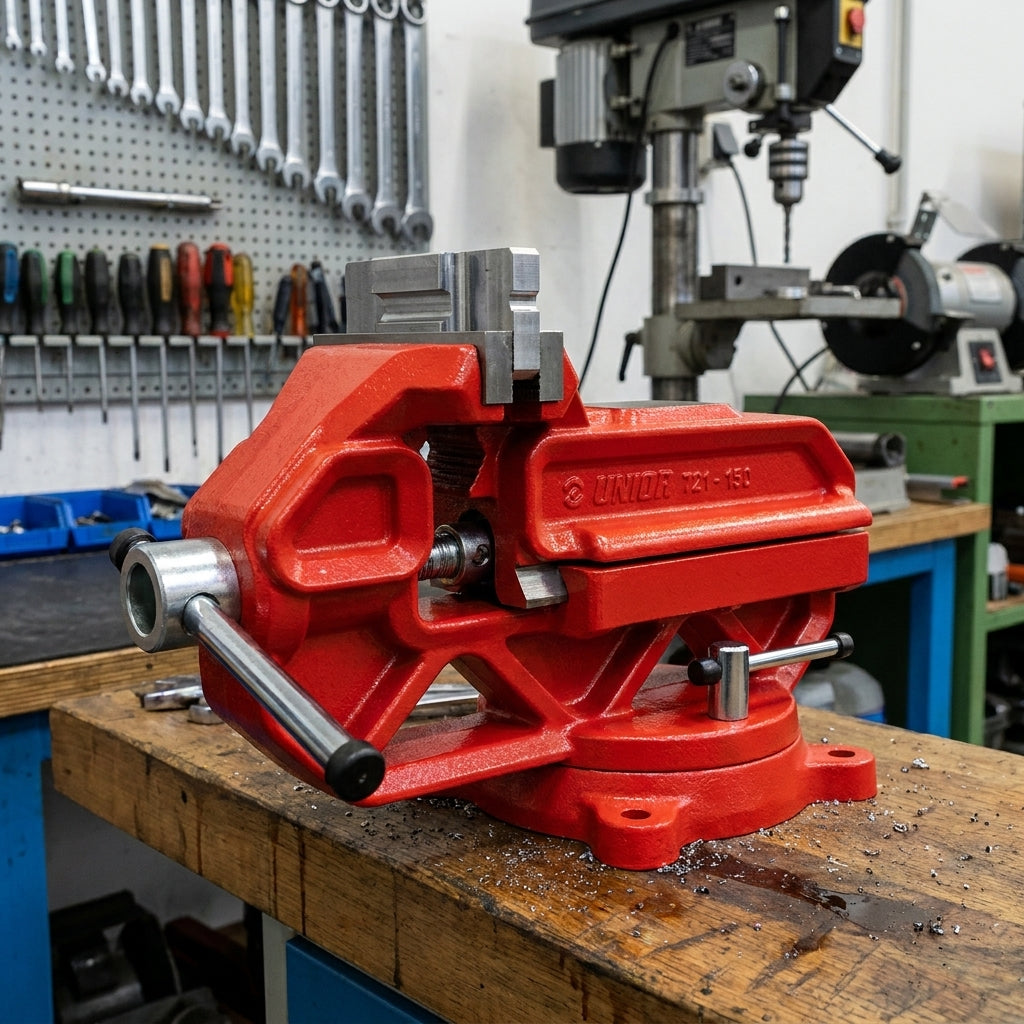 Unior Schraubstock Quick Irongator rot, 125mm, auf Werkbank in Werkstatt.