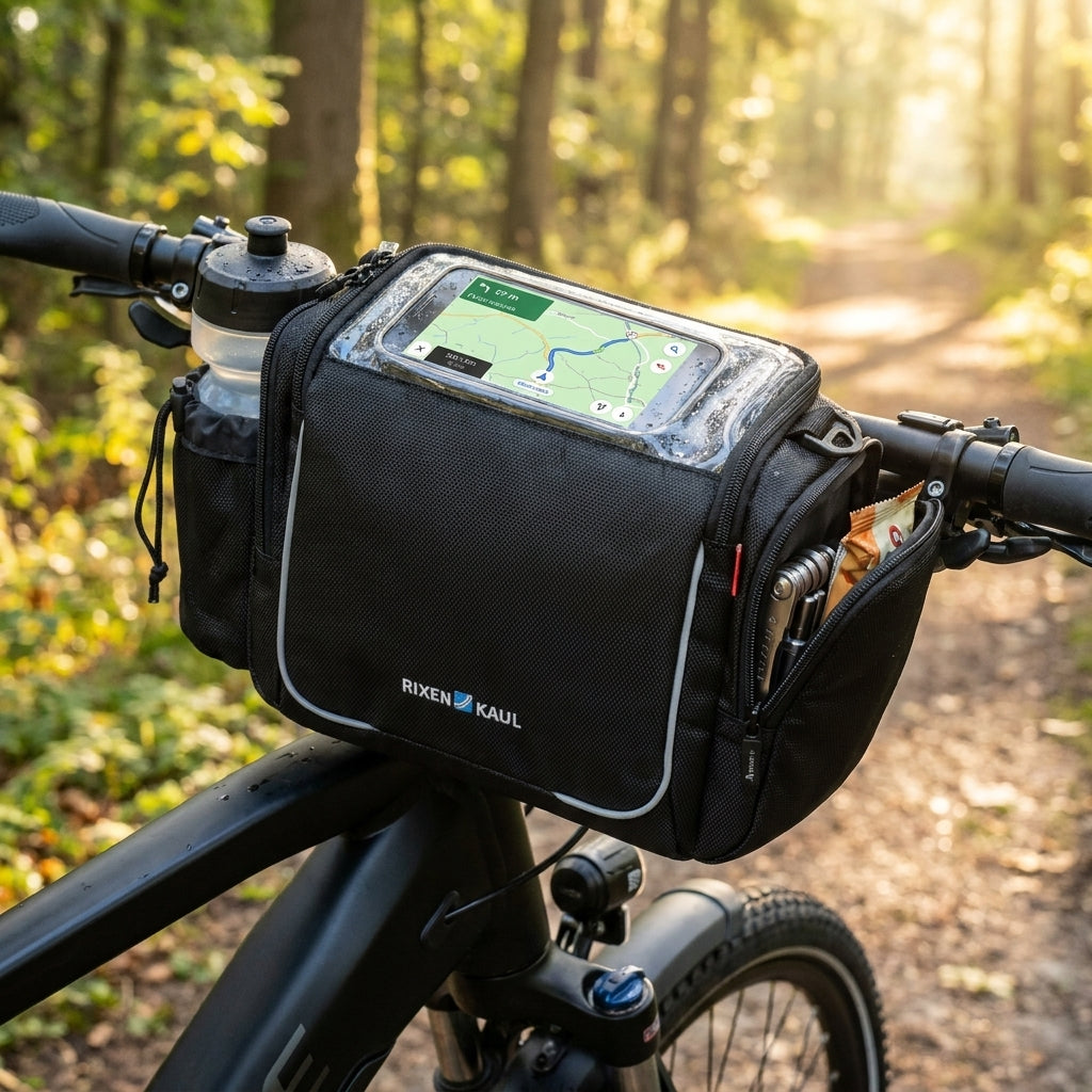Schwarze KLICKfix Aventour Sport Lenkertasche am Fahrrad mit Smartphone-Navigation, Werkzeug und Snack auf Waldweg.