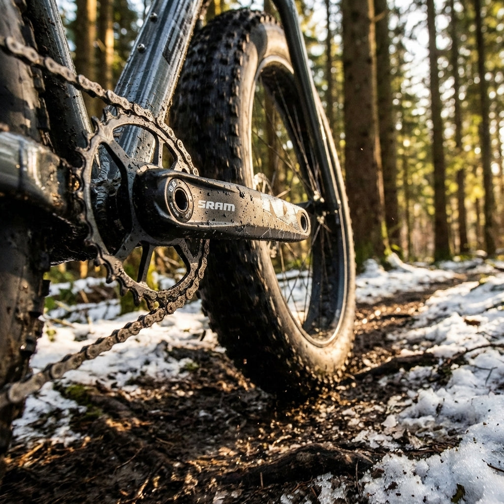 SRAM NX Eagle DUB FAT Kurbelgarnitur am robusten Mountainbike auf verschneitem Waldweg.