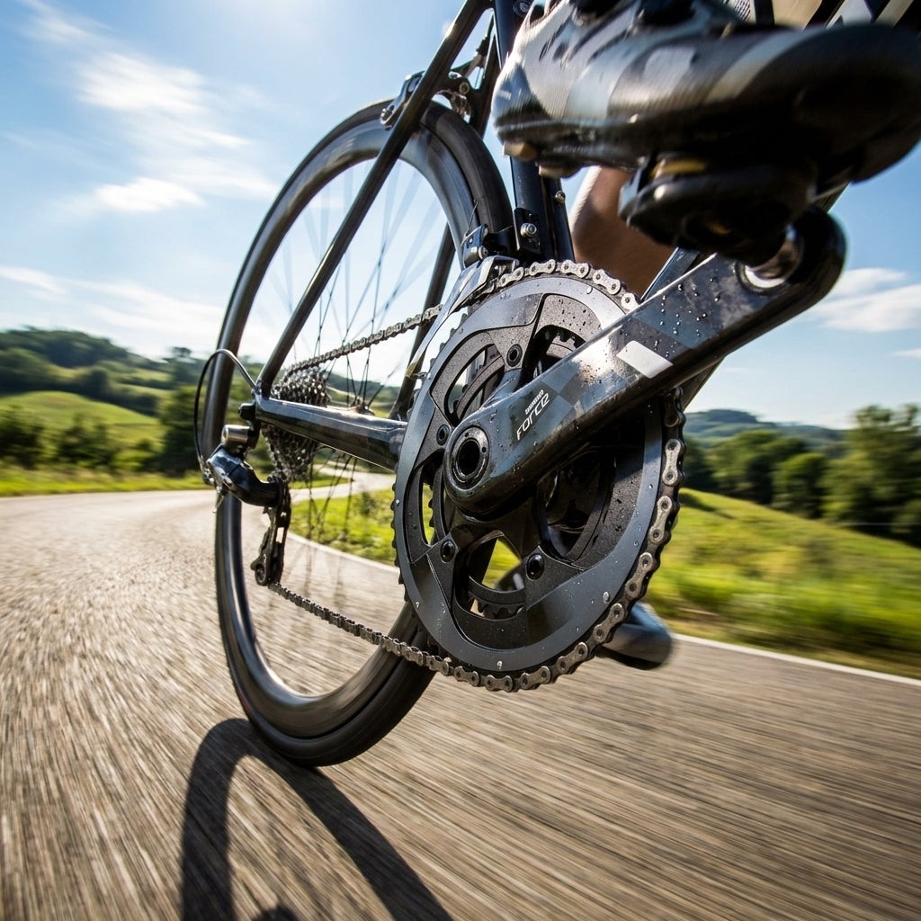SRAM Force 22 Kurbelsatz 53-39T am Rennrad auf der Straße in Bewegung, steife Performance.