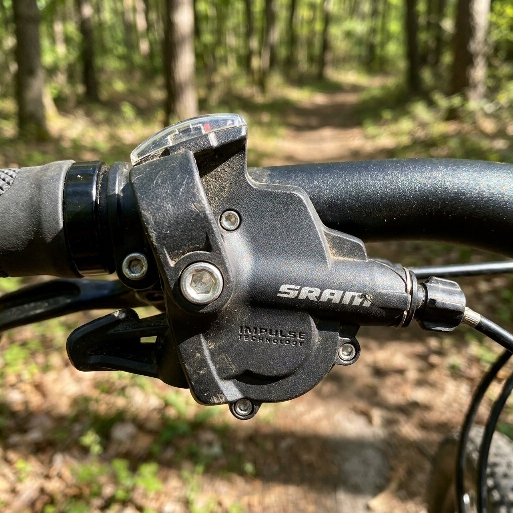 Präziser SRAM Trigger X.4 8-fach Schalthebel mit Impulse Technology am Trekkingrad-Lenker im Wald.