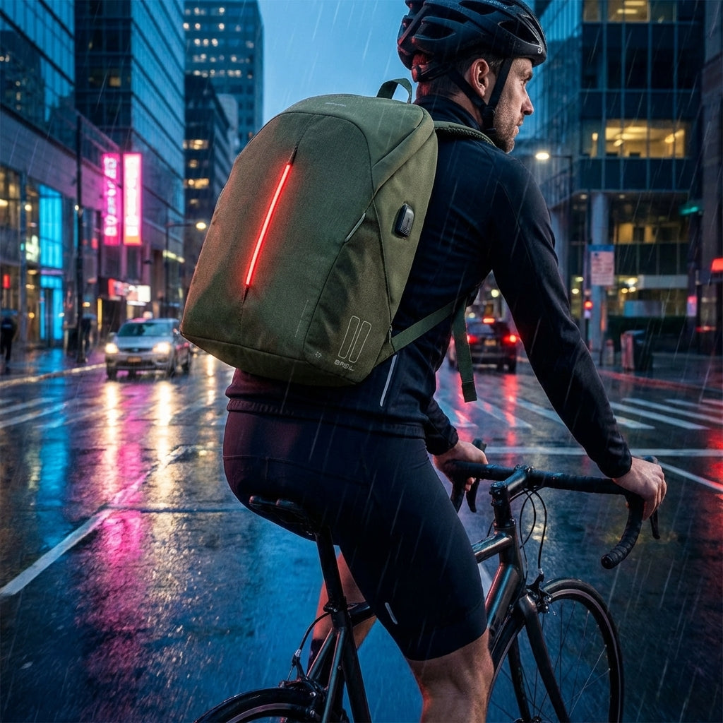 Basil B-Safe Fahrradrucksack Herren olivgrün mit LED Nordlicht Technologie und Diebstahlschutz für 15,6 Zoll Laptop