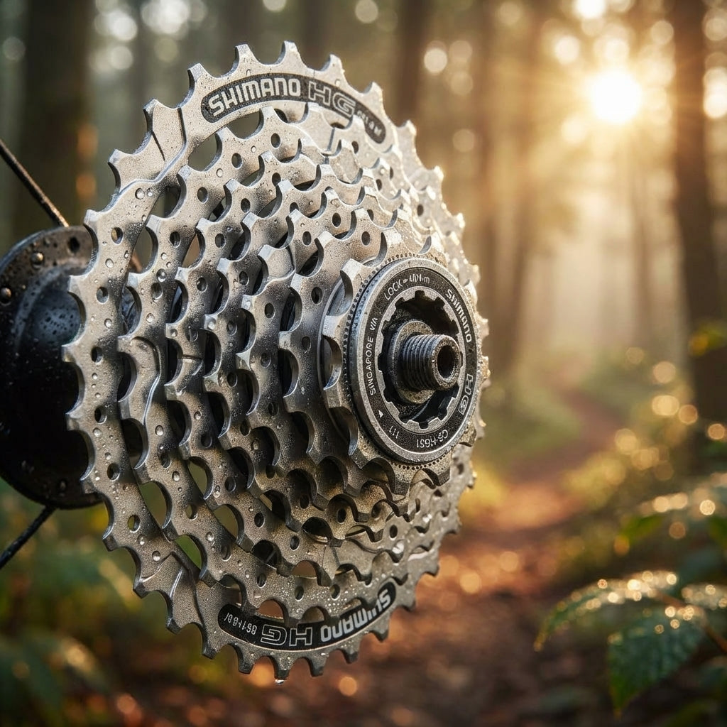 Shimano Alivio CS-HG51 8-fach Kassette 11-32 Zähne für Trekking und MTB, Nahaufnahme im Wald bei Sonnenlicht.