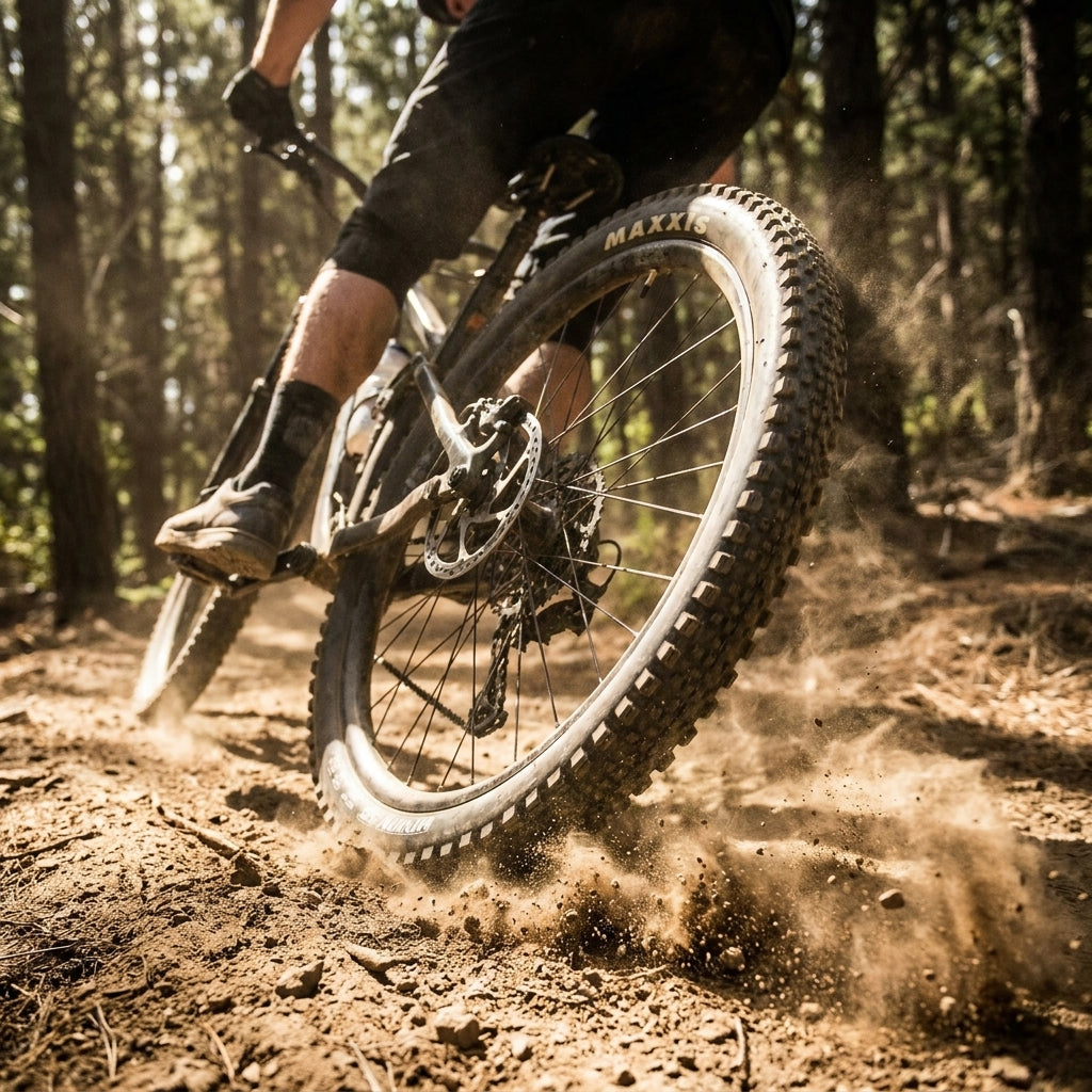 Maxxis Minion SemiSlick Reifen 27.5x2.30 schwarz am Mountainbike, Staub auf dem Trail wirbelnd.
