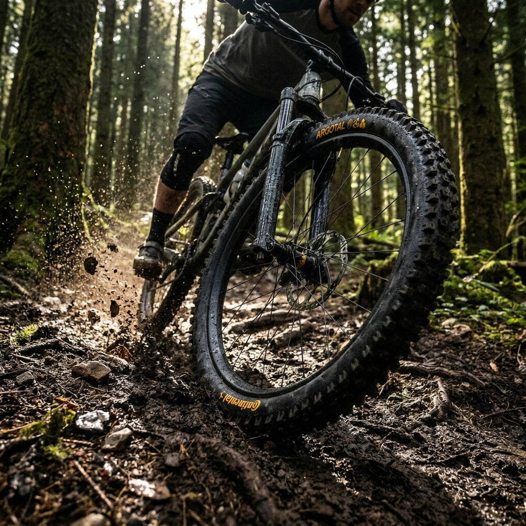 Continental Argotal 29 Zoll Mountainbike Reifen, schwarz, im Schlamm auf einem Waldtrail im Einsatz.