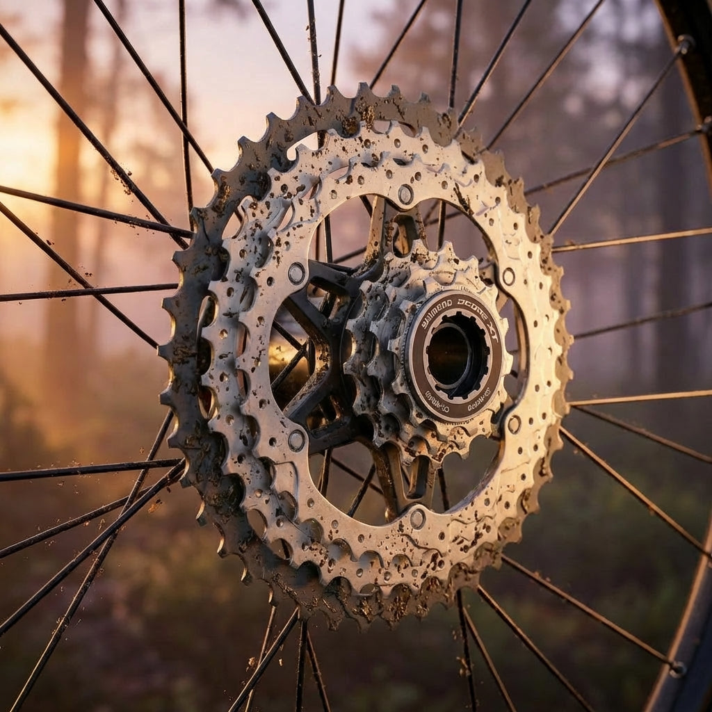 Shimano Deore XT CS-M8000 11-fach Kassette 11-42Z für Mountainbikes auf MTB Hinterrad im Gelände.