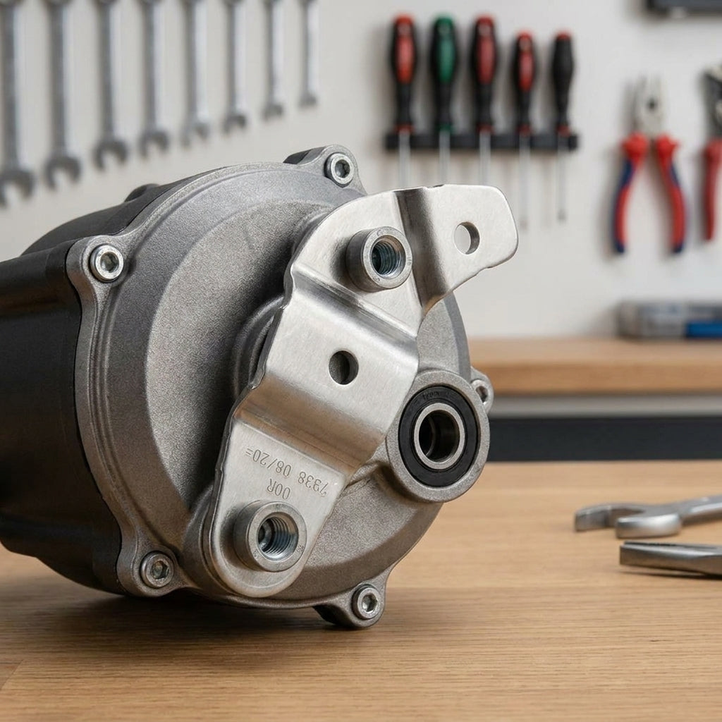 Bosch Montageplatte lang rechts BDU37YY, stabile Halterung für Bosch Antriebe, auf Werkbank.