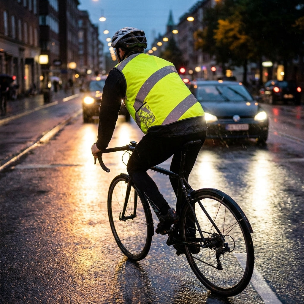 Gelbe Wowow Roadie Sicherheitsweste mit Reflexstreifen und Reißverschluss am Radfahrer.