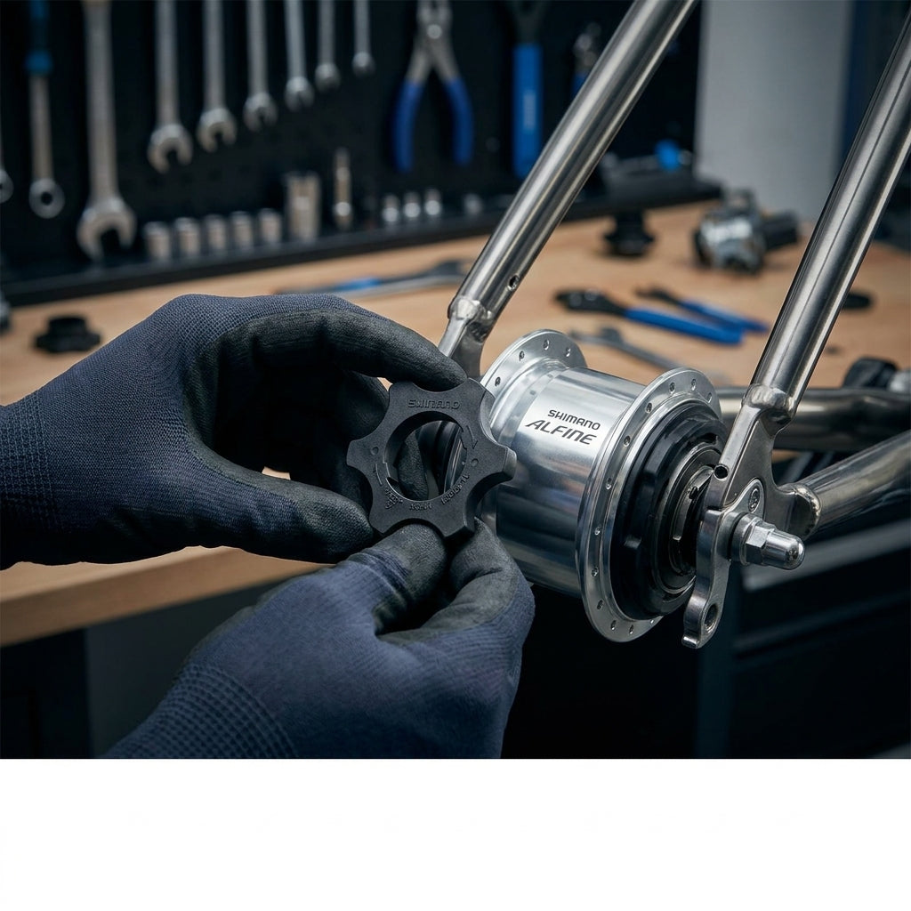 Präzises SHIMANO TL-SGE1 Justierwerkzeug Alfine Di2 an Shimano Alfine Fahrradnabe montiert.