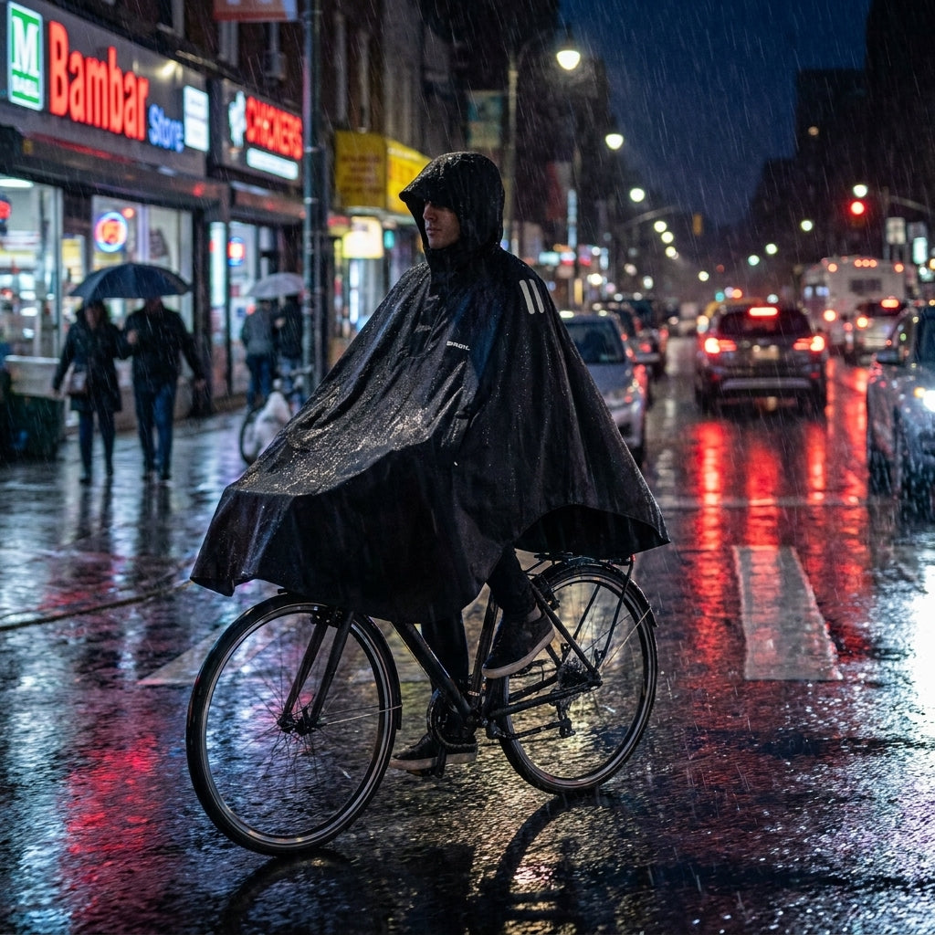 Basil Fahrrad Regenponcho Hoga schwarz, Unisex, schützt Radfahrer im nächtlichen Regen auf nasser Straße.