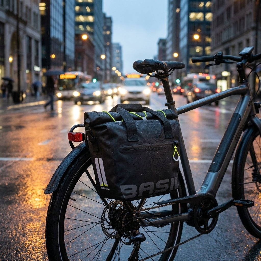 Basil Gepäckträgertasche Miles schwarz lime wasserdicht 7l am Fahrrad im Regen auf nasser Straße in der Stadt.