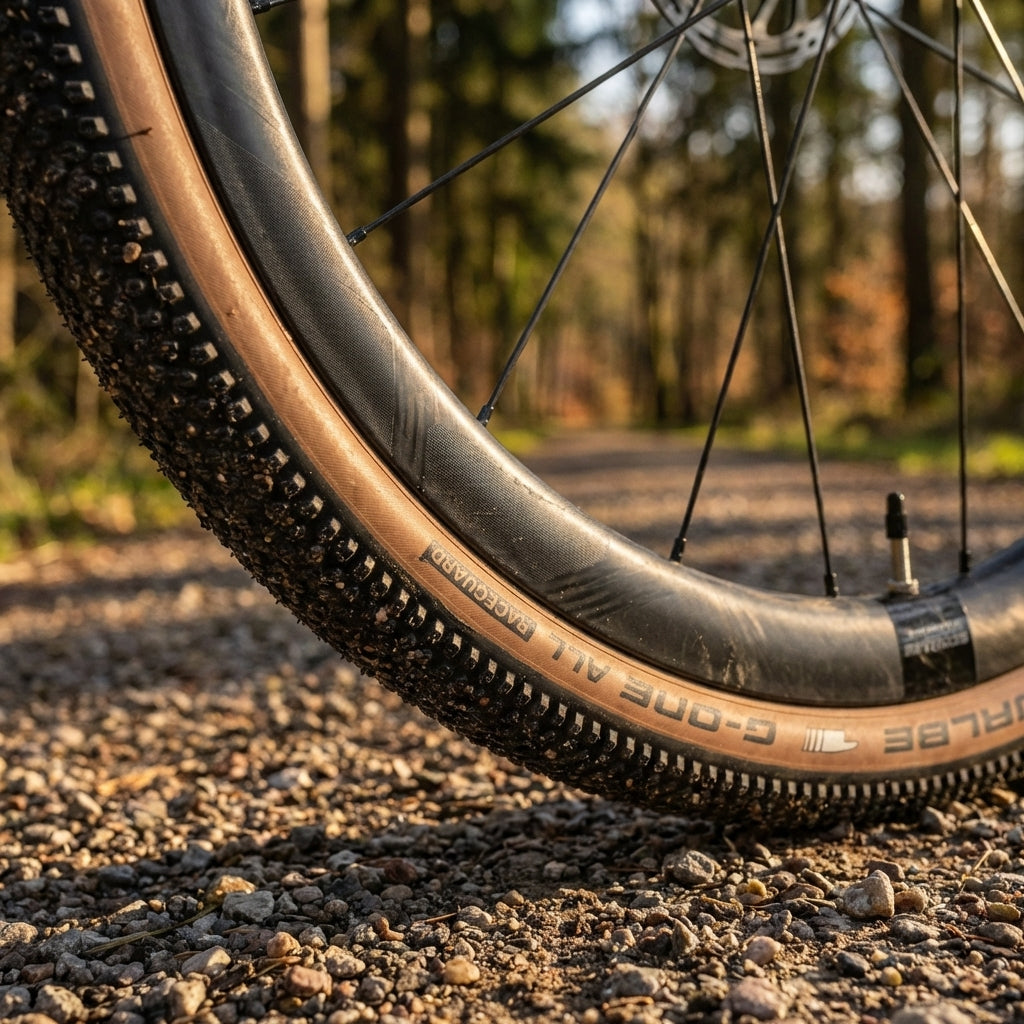 Vielseitiger Schwalbe G-ONE ALLROUND Performance Line Gravelreifen Bronze auf Schotterweg.