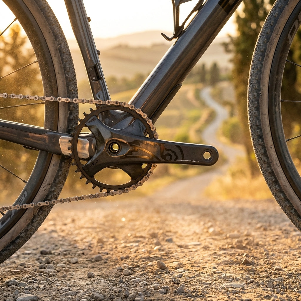KRG Ekar GT 13-fach Kurbelgarnitur 42 Zähne am Gravelbike auf Schotterweg im Sonnenlicht.