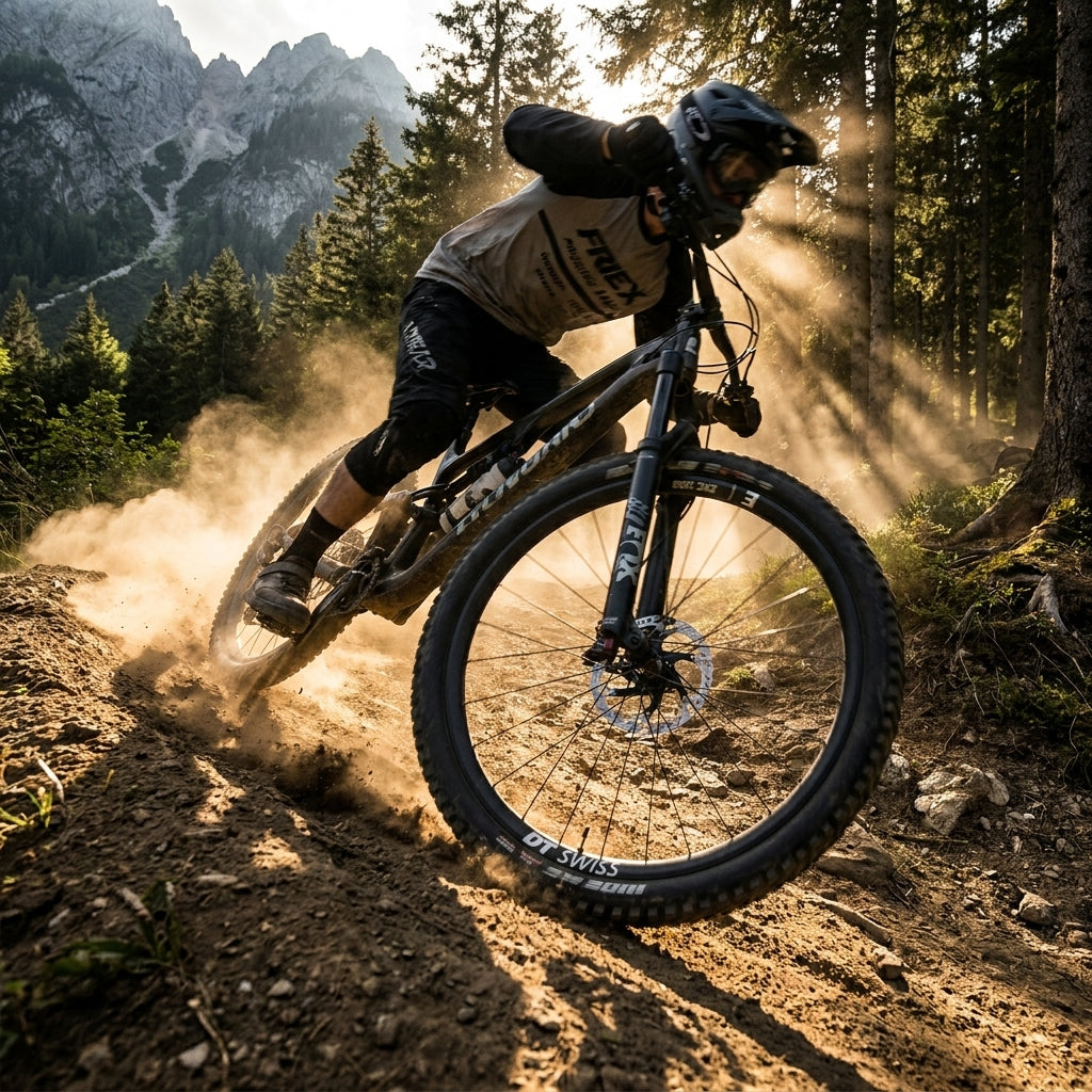 Mountainbiker mit DT Swiss EXC 1200 Enduro-Laufrad auf staubigem Trail, High-End Performance im Wald und Bergen.