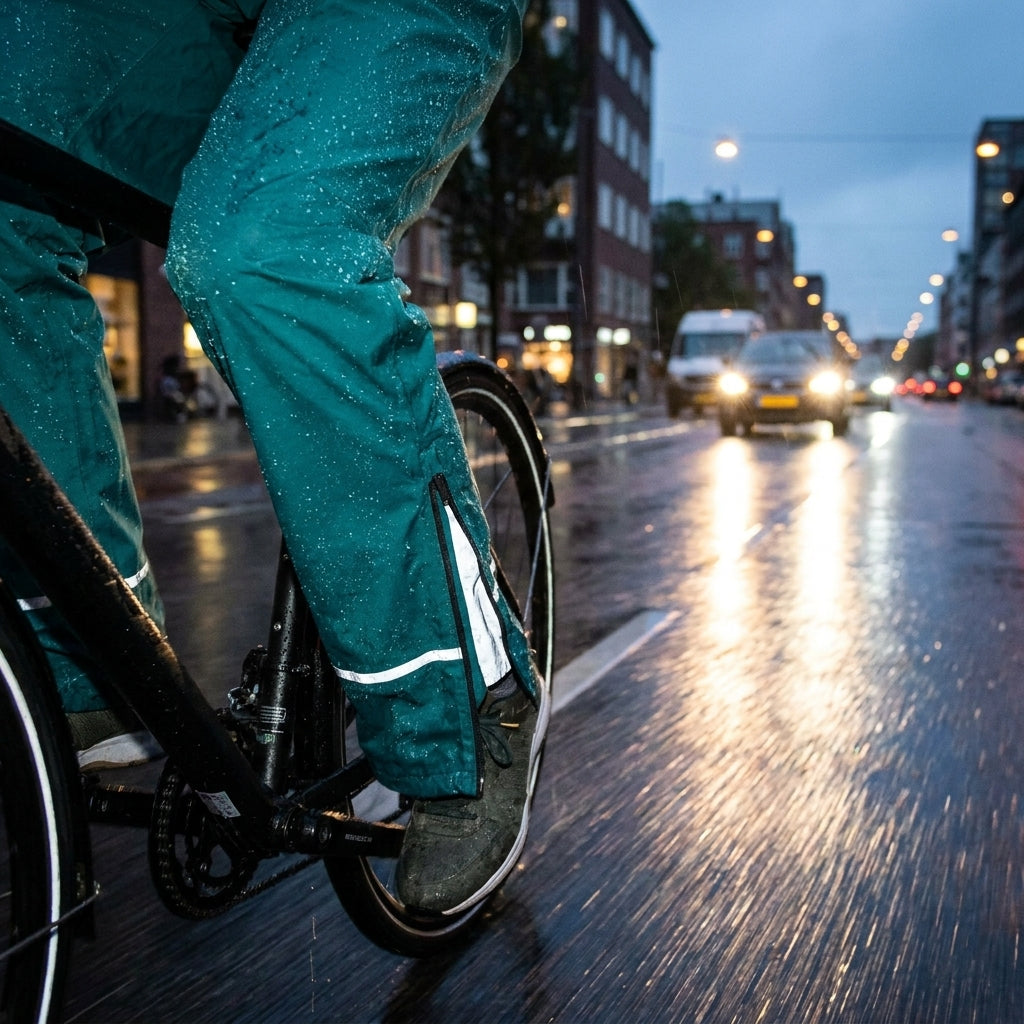 Basil Skane Herren-Regenhose teal green im Regen beim Radfahren, wasserdicht & reflektierend.