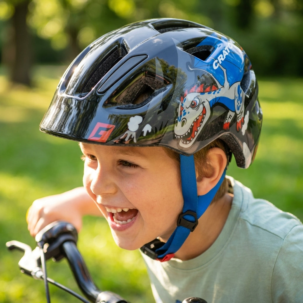 Lachender Junge mit Cratoni Kinderhelm Maxster Pro Kid Drache schwarz glanz S/M 51-56cm.