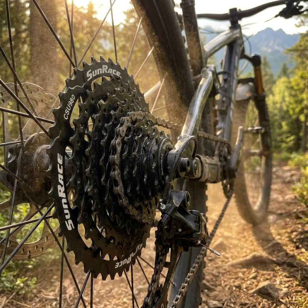 SunRace CSU980 9-fach MTB Kassette 11-46T schwarz. Langlebige Stahlkonstruktion für CUES & Linkglide. Präzise Schaltperformance.