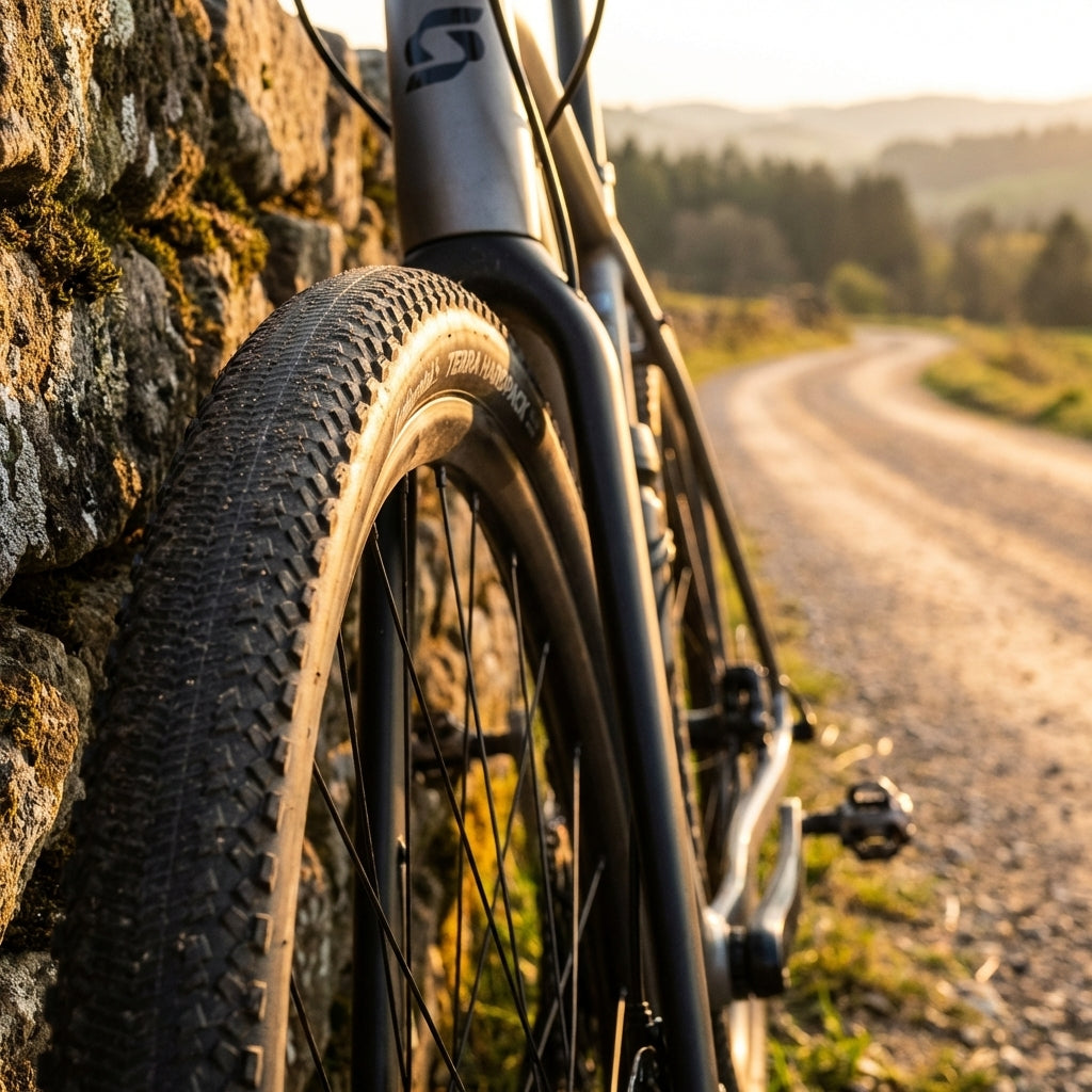 Continental Terra Hardpack Reifen 29x2.00" am Gravelbike auf Schotterweg, schwarz, faltbar.