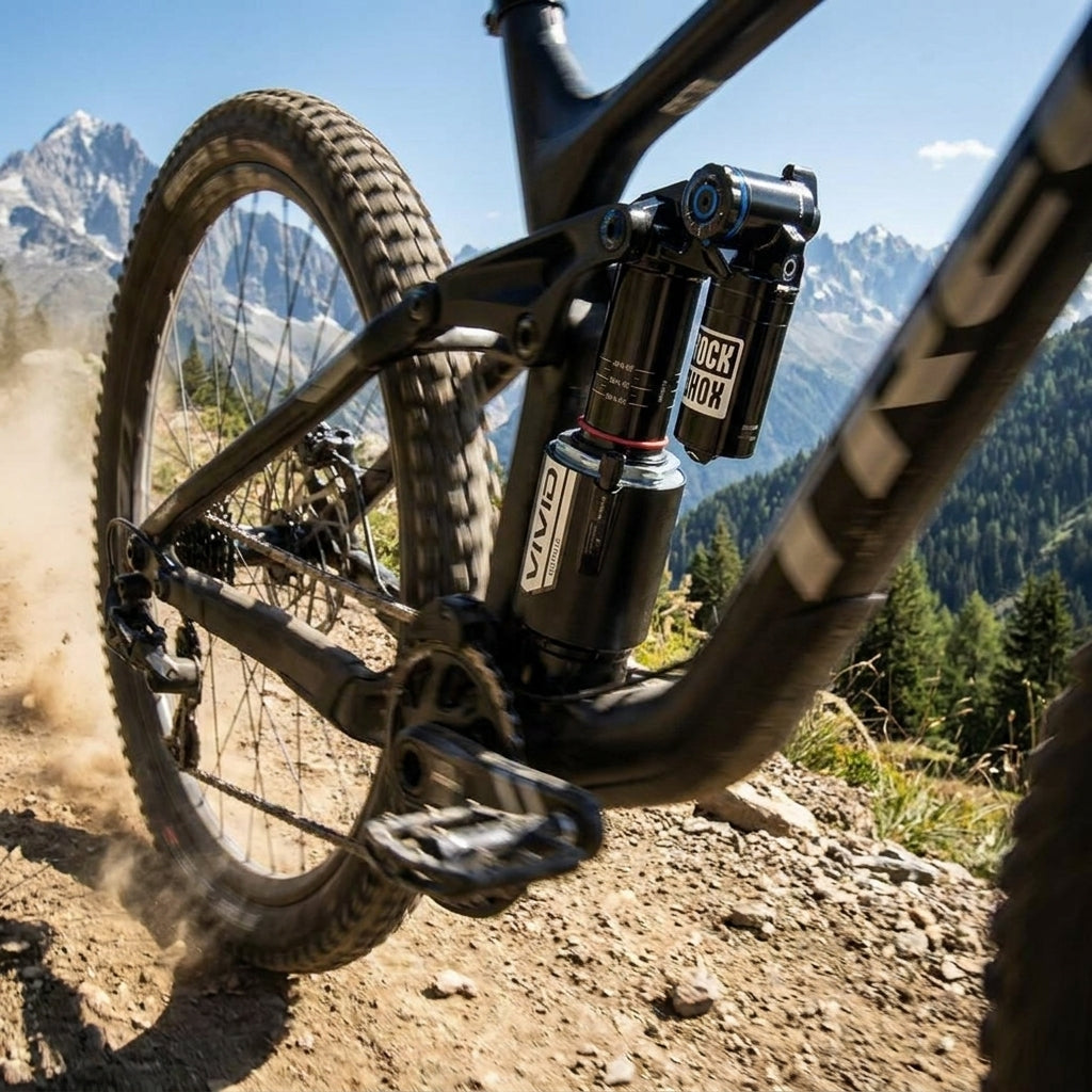 Rockshox Vivid Ultimate DH Dämpfer am Mountainbike-Heck auf staubigem Bergpfad vor Alpenkulisse.