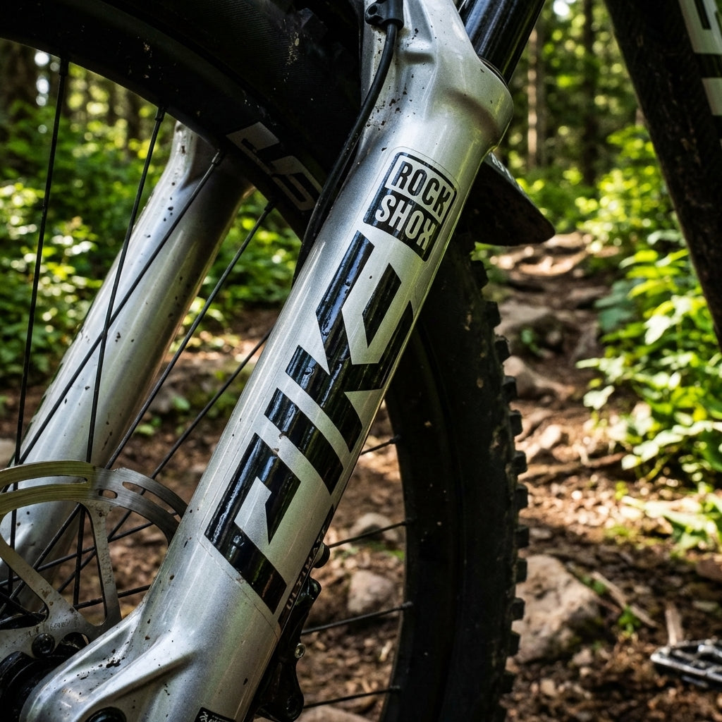 Nahaufnahme einer silbernen RockShox Pike Ultimate Mountainbike-Gabel mit schwarzen Decals auf einem Waldweg.