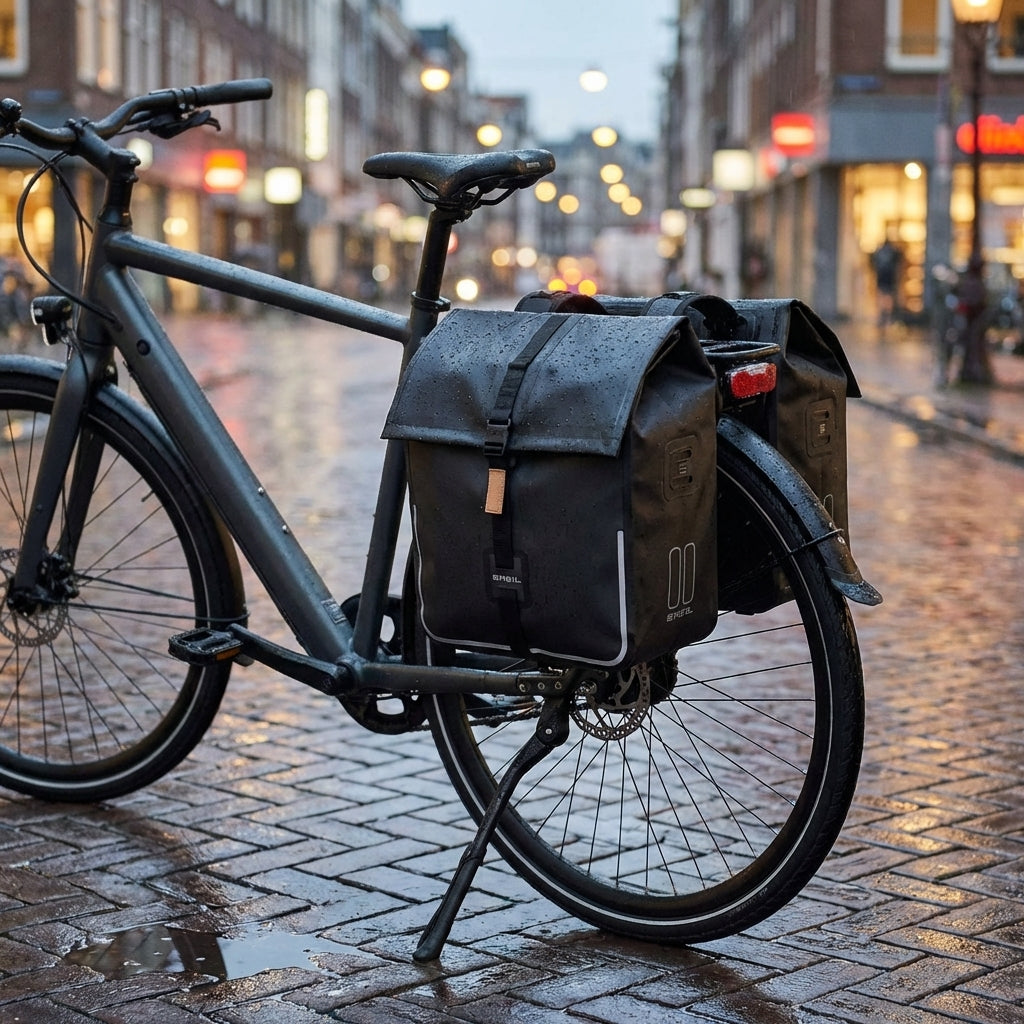 Basil Urban Dry Doppelpacktasche, matt schwarz, 50l. Wasserdichte Fahrradtasche mit Reflexion für sicheren Transport in der Stadt.