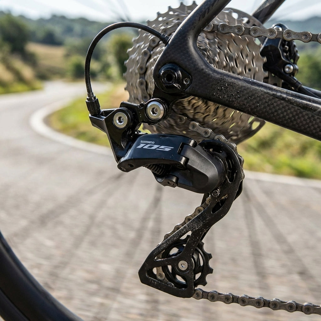 Shimano 105 RD-R7100 12-fach Schaltwerk am Rennrad. Nahaufnahme des Fahrradantriebs mit Kassette auf Landstraße.
