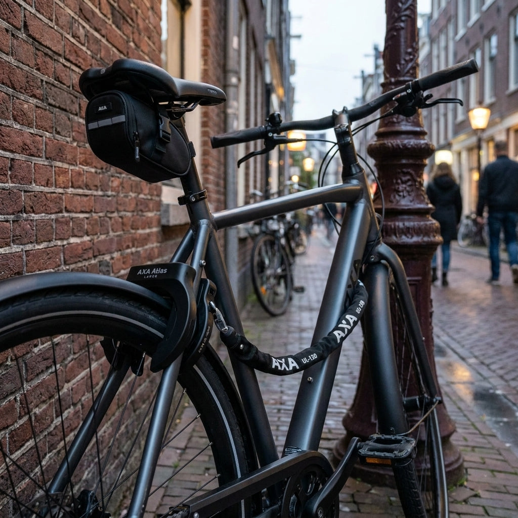 AXA Atlas Large Rahmenschloss-Set mit ULC 130 Einsteckkette und Satteltasche. Fahrradschloss für Diebstahlschutz und Komfort.