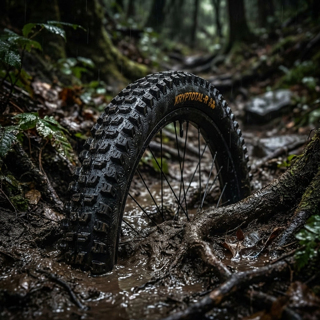 Continental Kryptotal-R DH 27.5x2.40 Mountainbike-Reifen schwarz im Schlamm auf nassem Waldweg.
