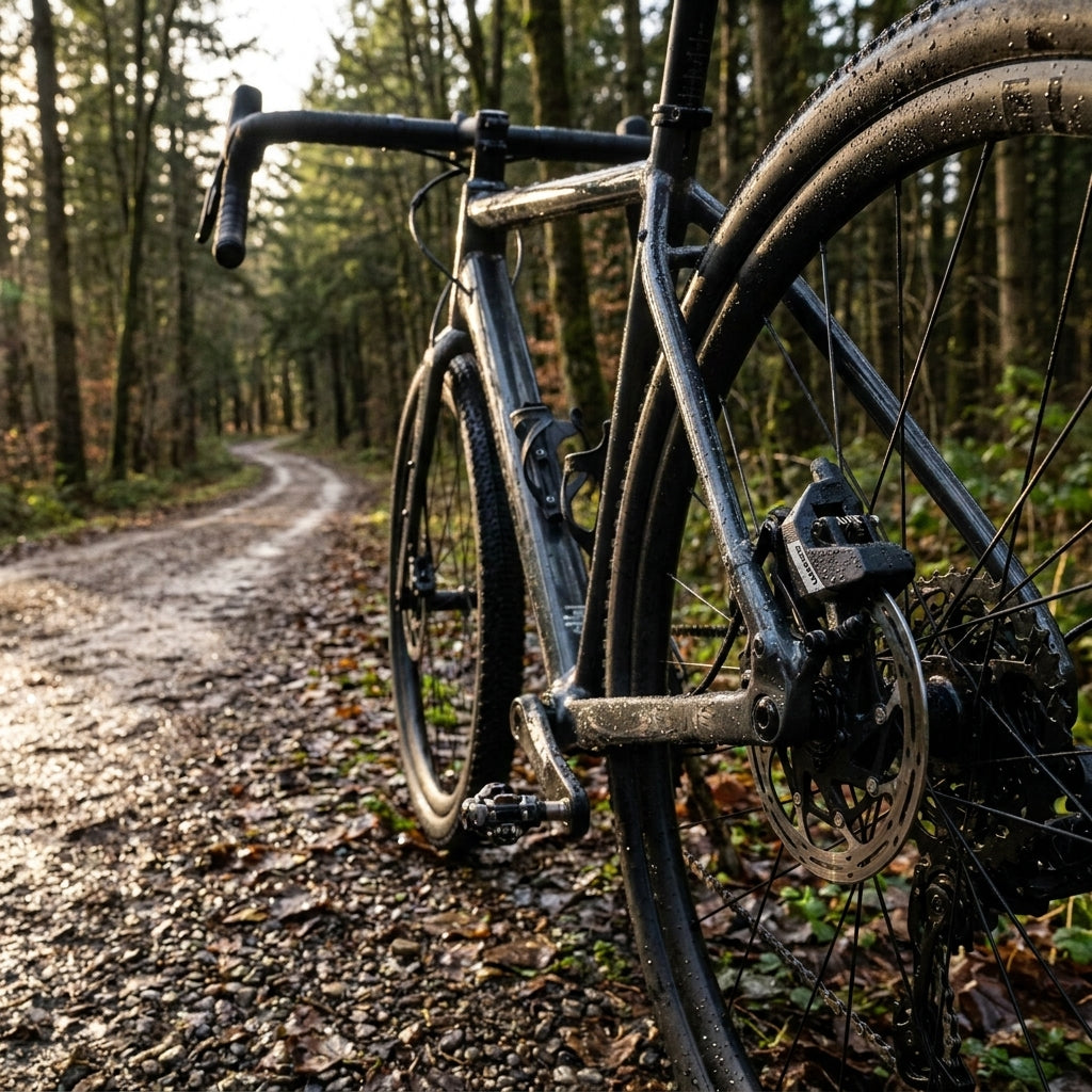 SRAM Apex Flat Mount Hinterrad-Scheibenbremse am Fahrrad auf nassem Waldweg – kraftvolle Kontrolle.