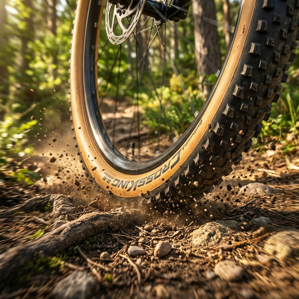 Continental Cross King 27.5x2.60 Fahrradreifen auf Trail, spritzende Erde und Steine.